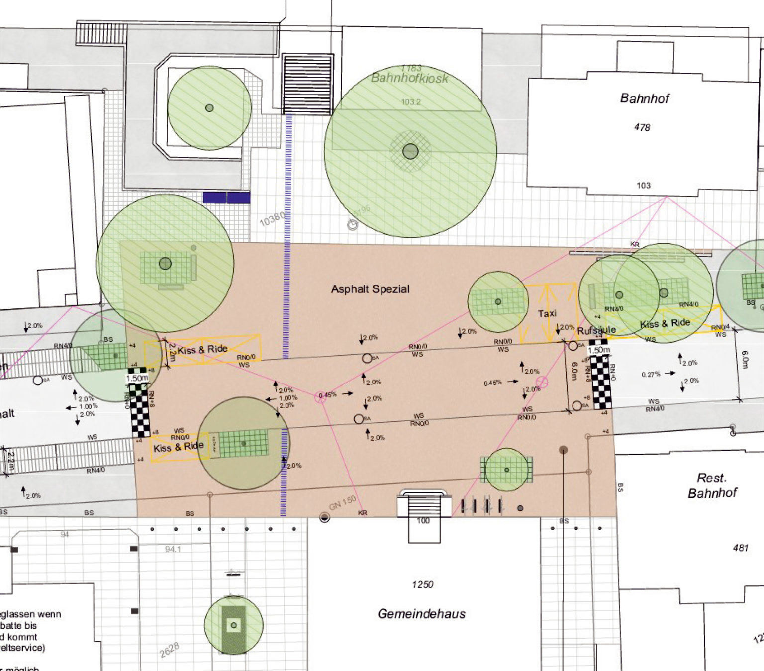 Der Bereich zwischen Gemeindehaus/Dorfplatz und Bahnhof (in der Grafik bräunlich eingefärbt) soll einen platzähnlichen Charakter erhalten und dadurch die Automobilisten zur Vorsicht mahnen.
Grafik: zvg
