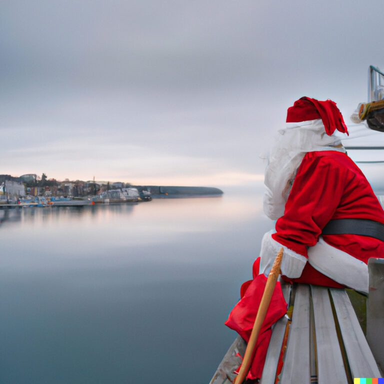 AI Samichlaus Santa Claus waiting on a boat station in Meilen during Christmas_web