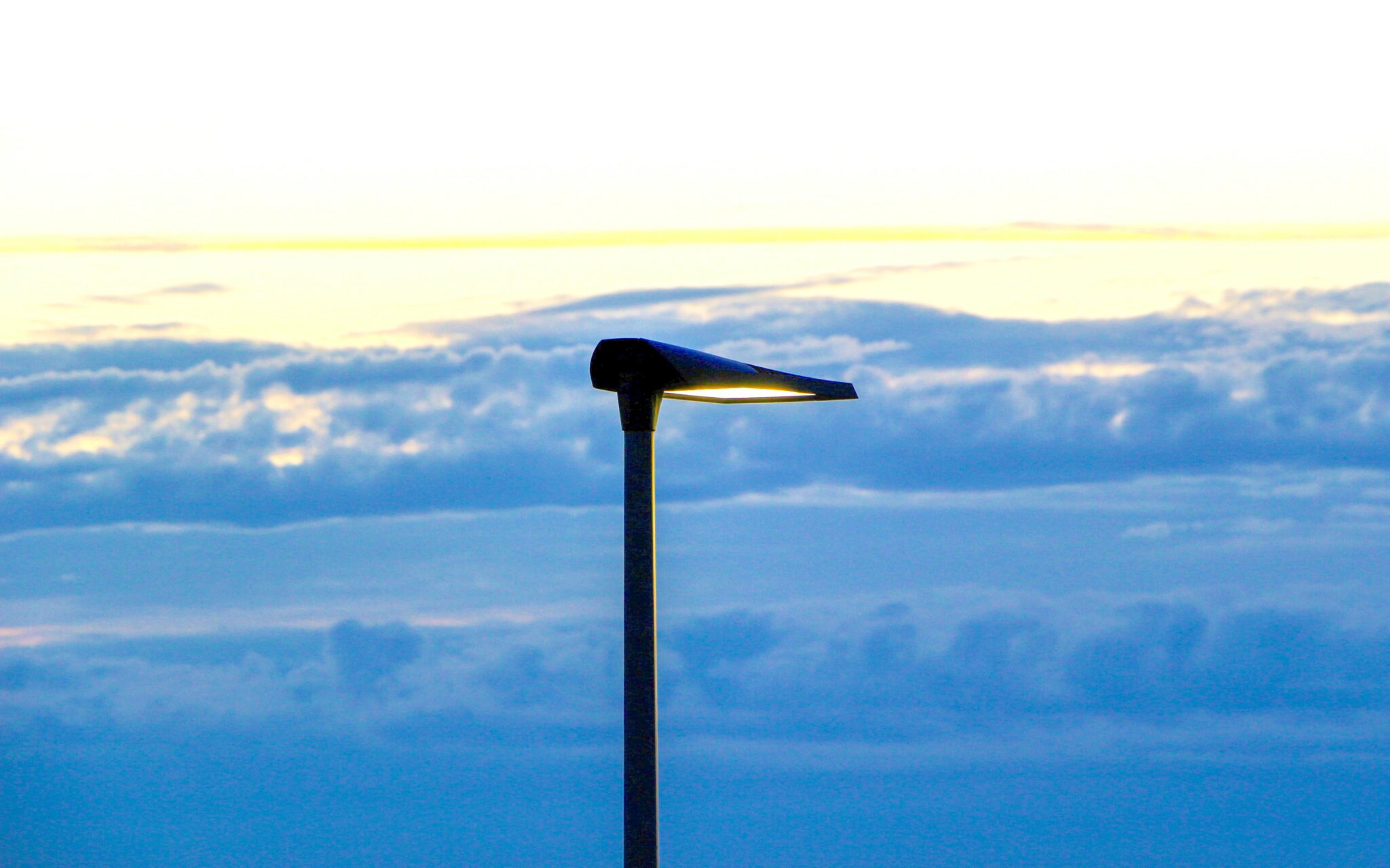 Isolated head of an led powered street lamp post at dusk