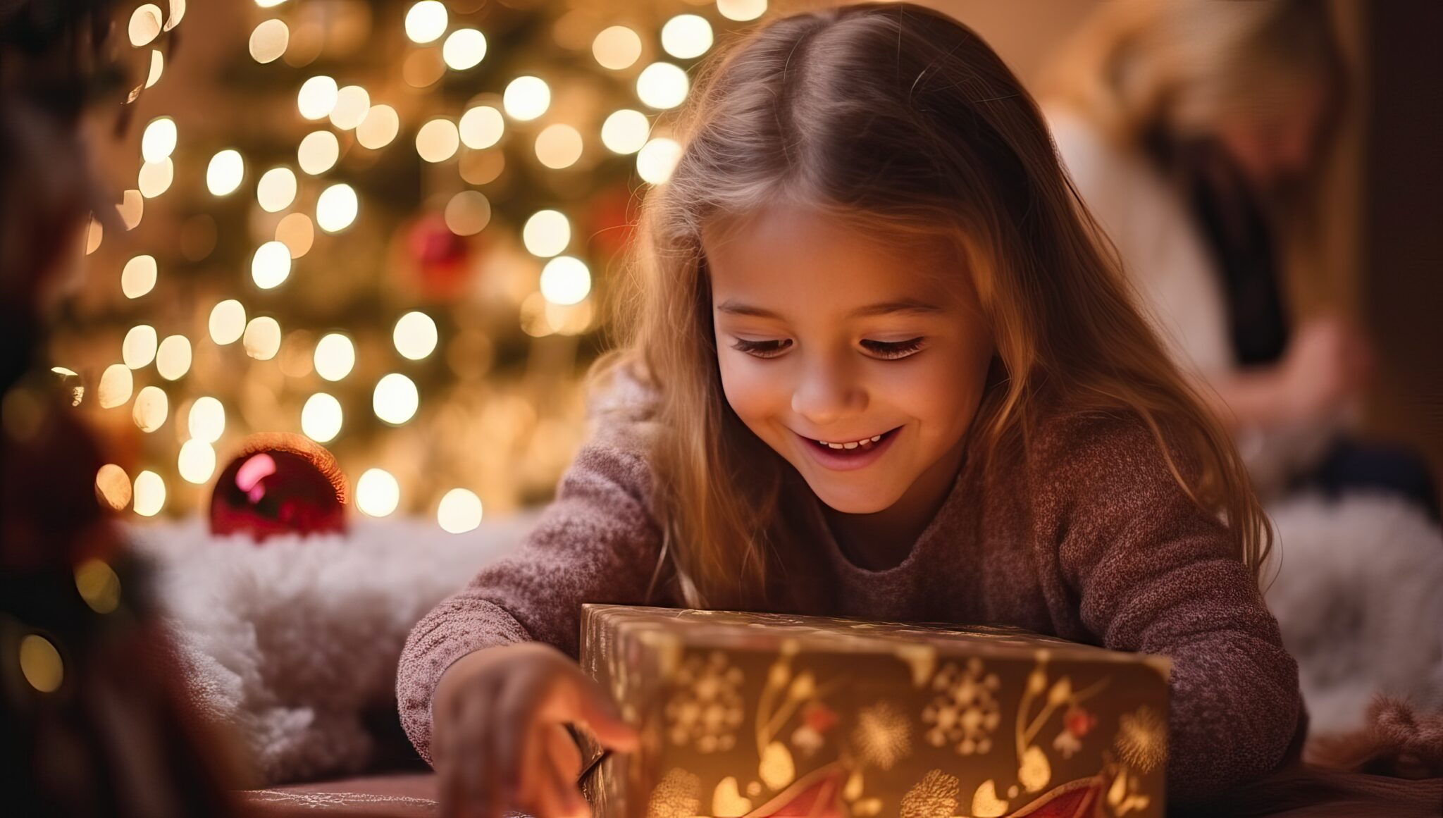 Adorable little girl opening a Christmas present at home