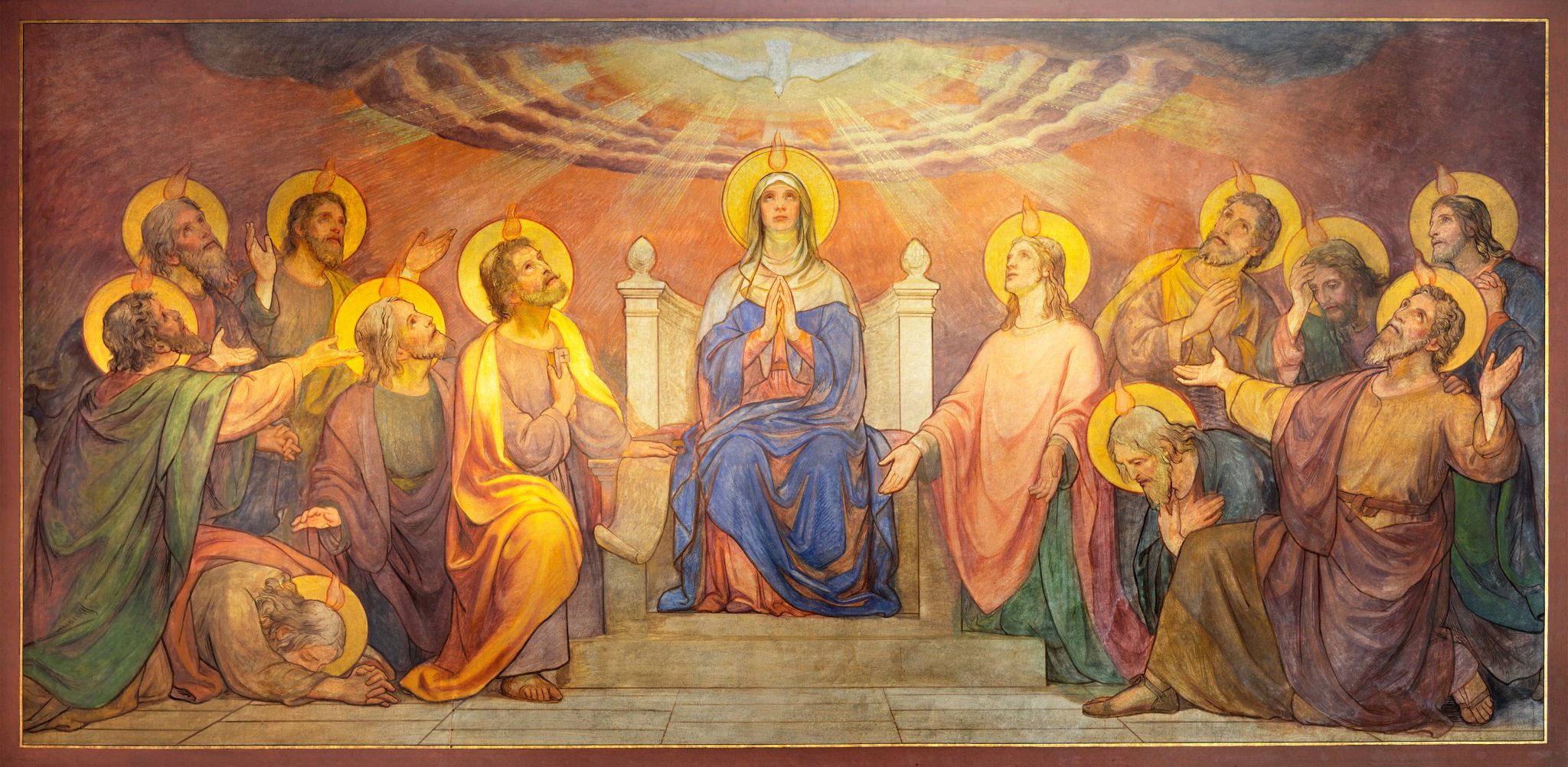 BERN, SWITZERLAND - JUNY 27, 2022: The fresco of Pentecost in the church Dreifaltigkeitskirche by August Müller (1923).